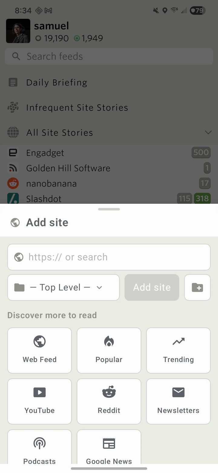 Android Add Site sheet with an address field, folder picker, and discovery shortcuts