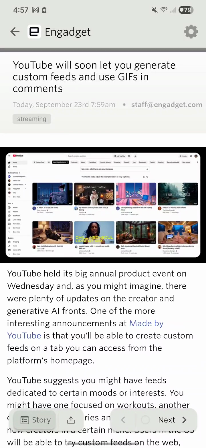 Scrolling a full article on Android as the floating reading controls hide and return