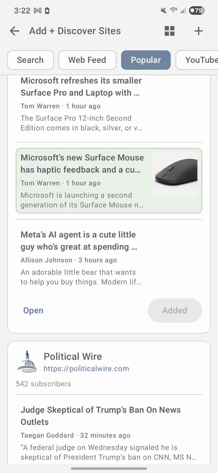 Android discovery results showing recent stories, images, and subscription controls
