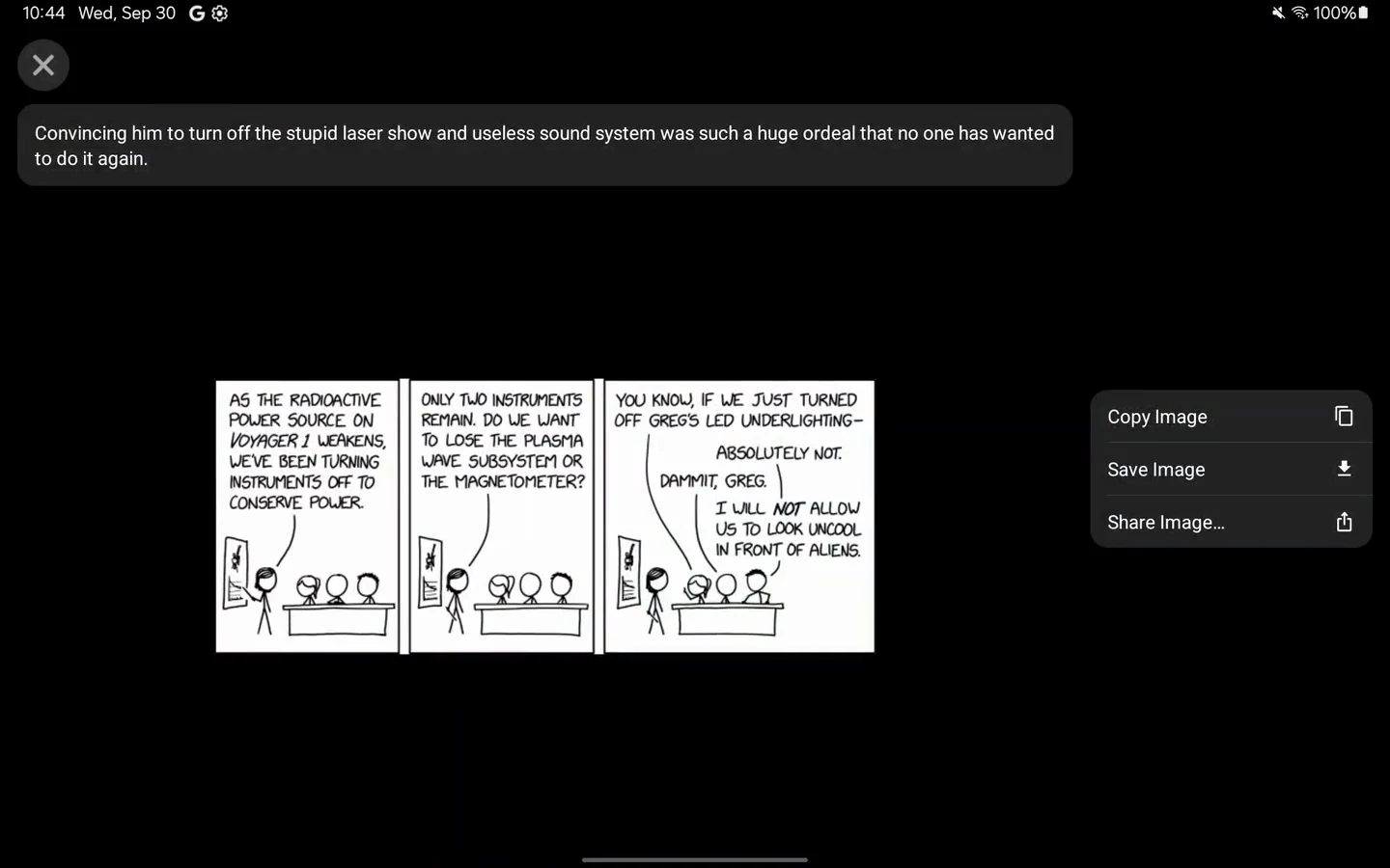 An xkcd comic in the Android image viewer with its hover text above it and Copy, Save, and Share Image beside it
