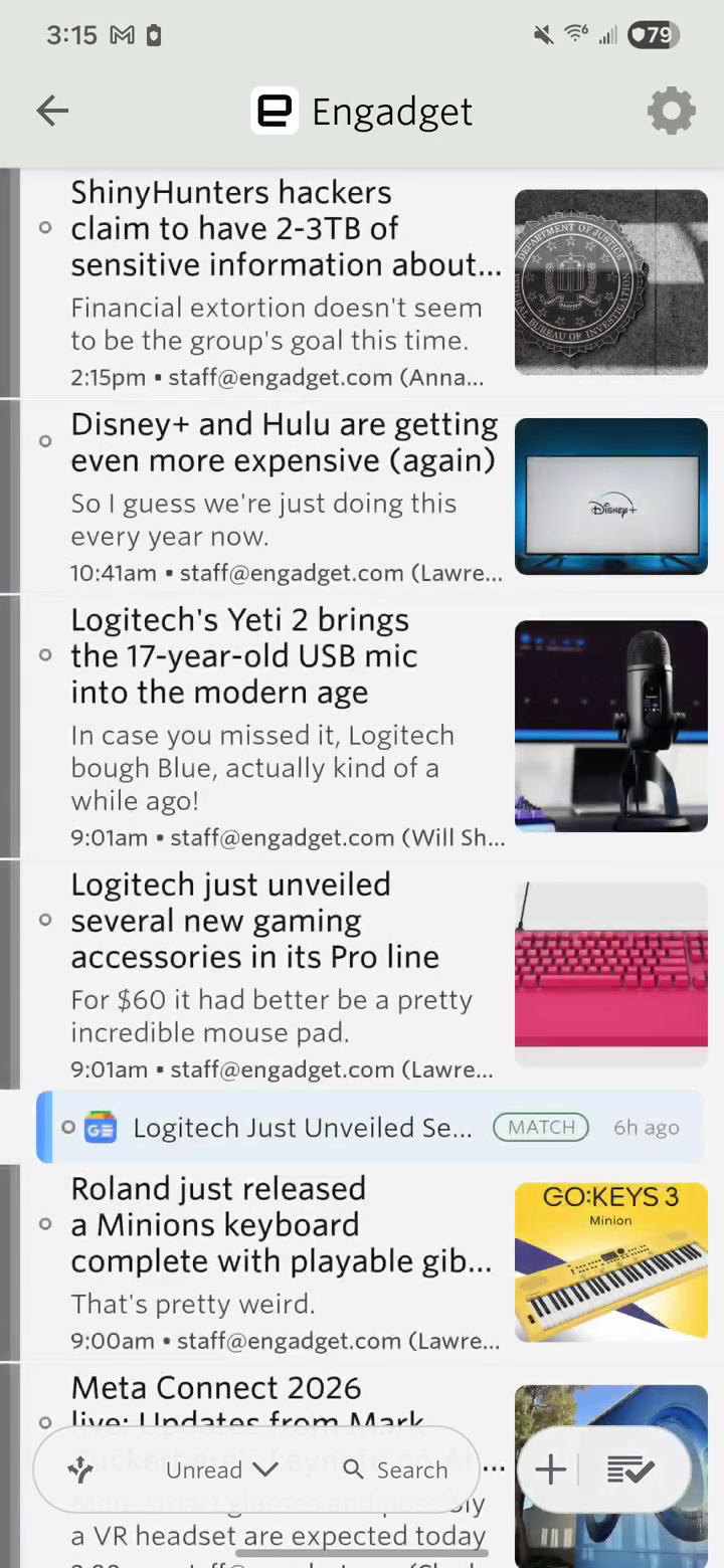 Android story list with thumbnails and the floating toolbar at the bottom