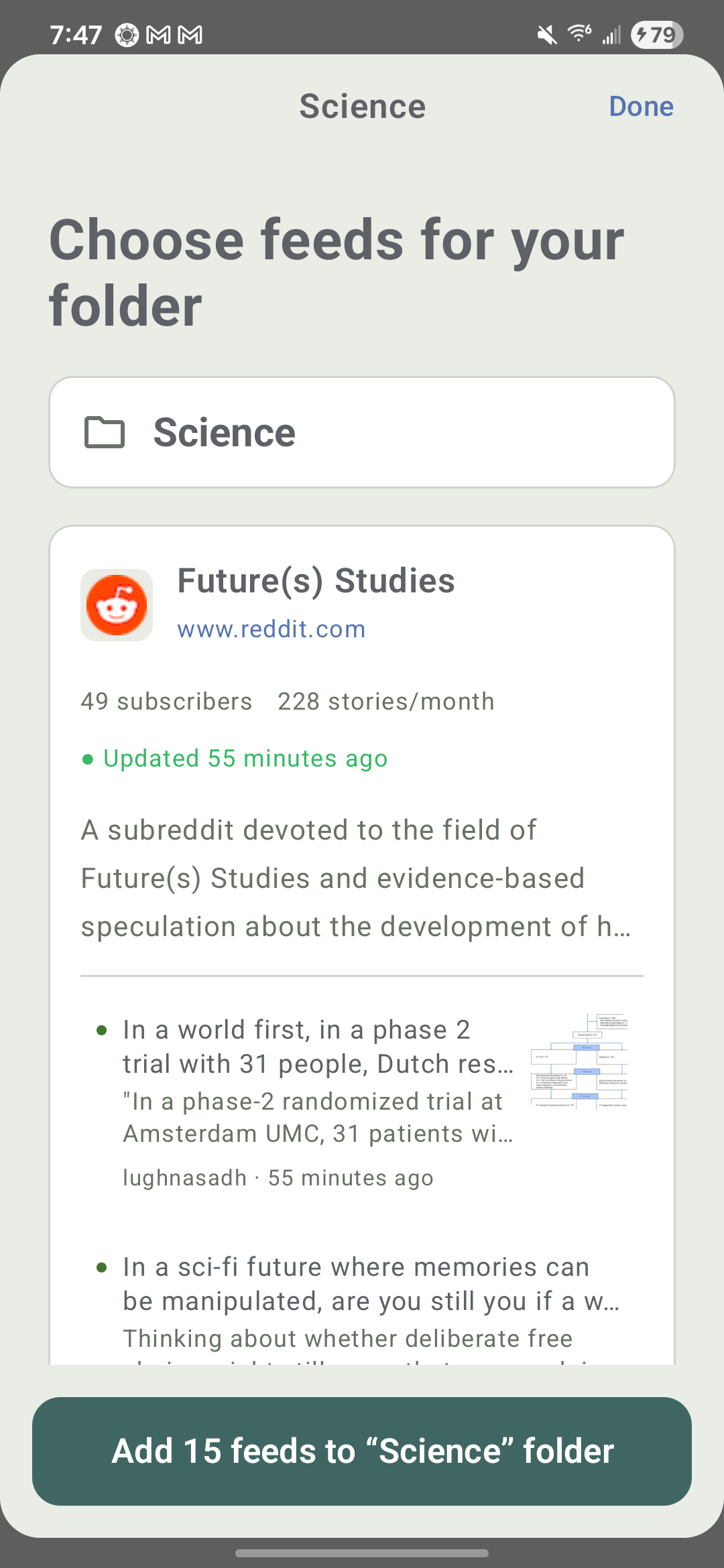 The Science bundle on Android with a folder name, feed details, and story previews