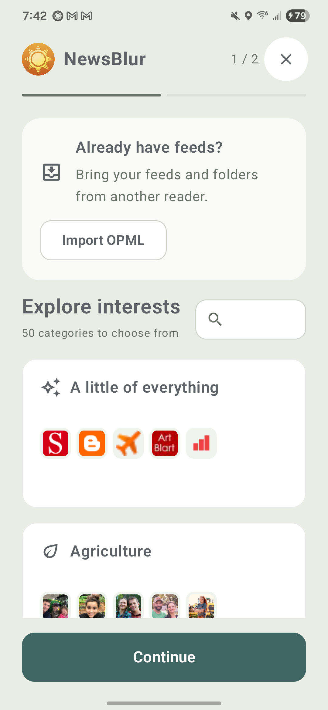 Android's first-time setup with OPML import and a catalog of interest bundles