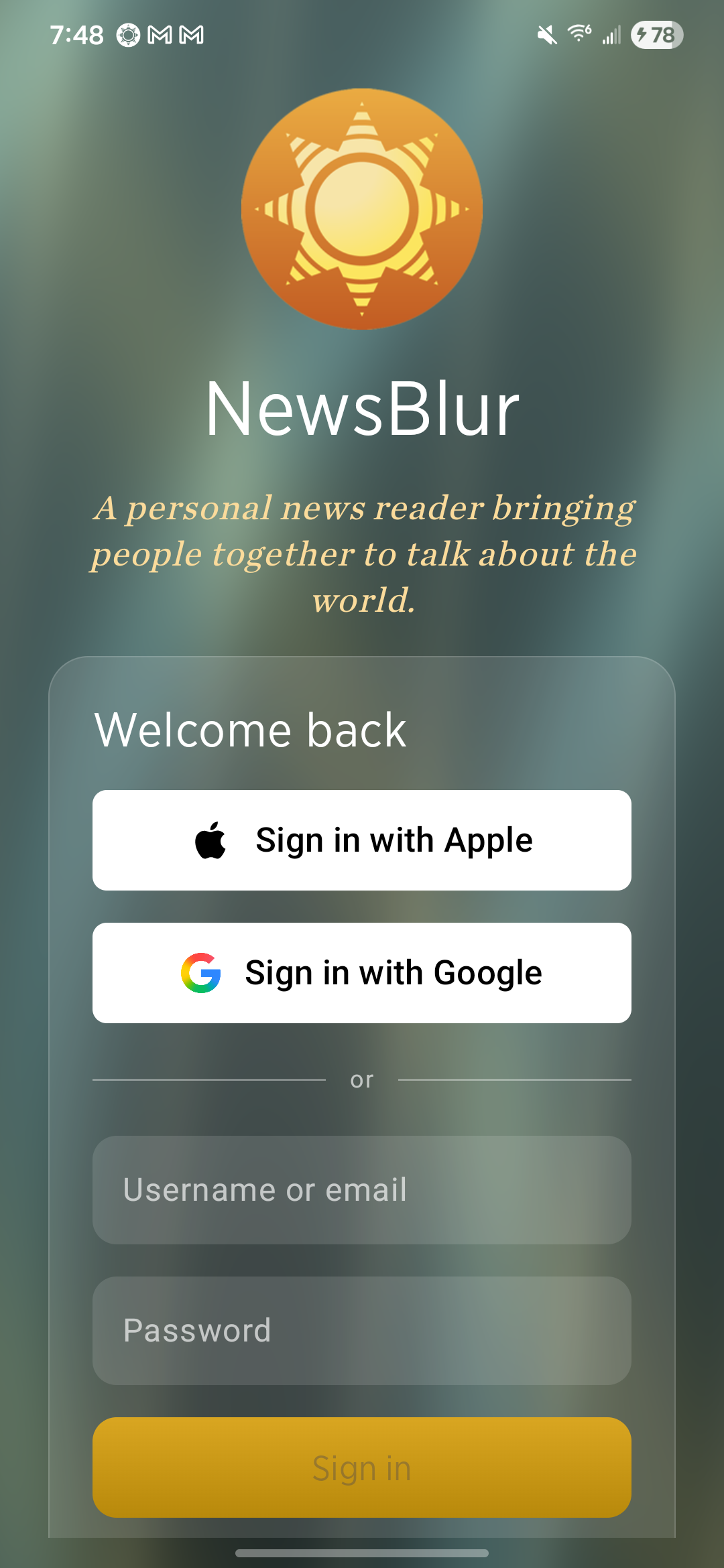NewsBlur on a Samsung Galaxy phone with Apple, Google, and password sign-in