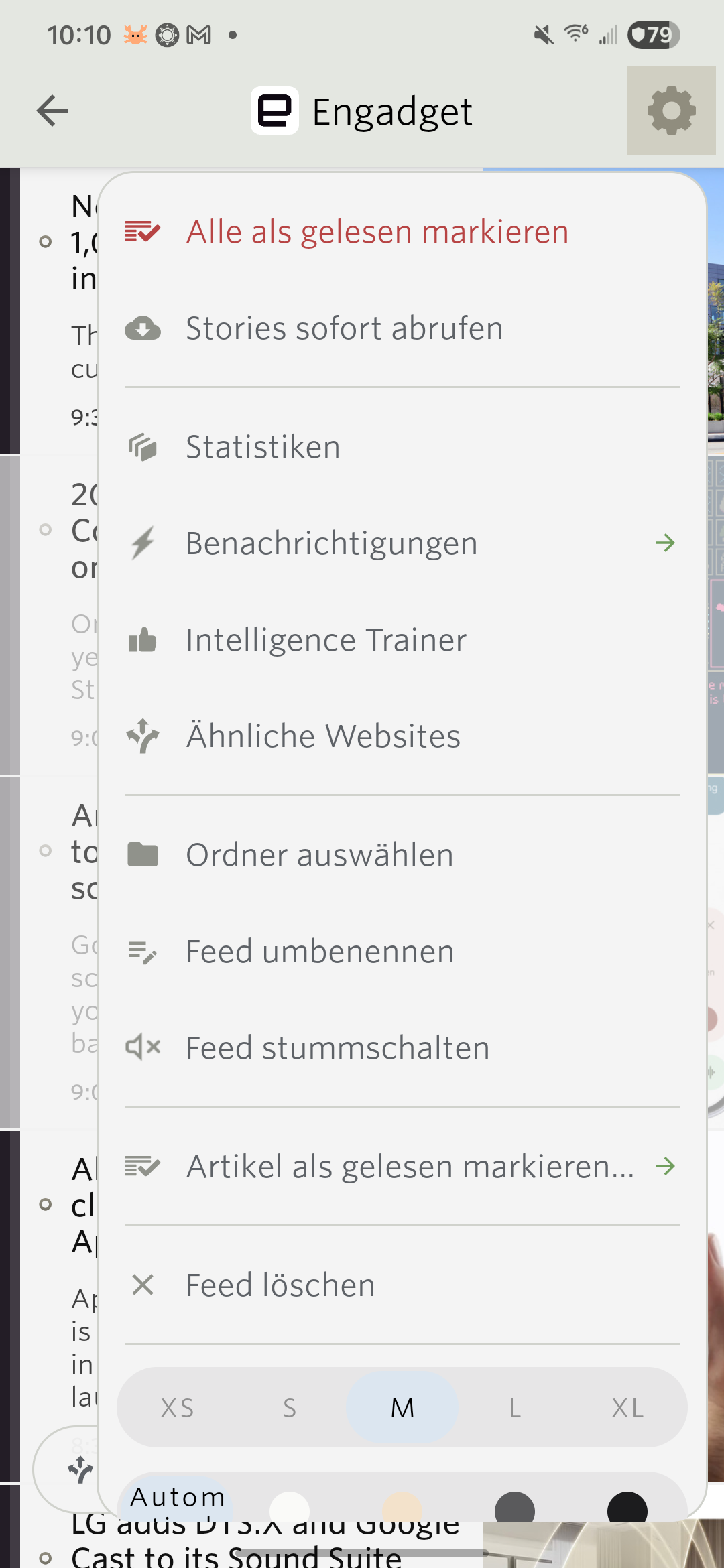 The feed options menu on Android in German