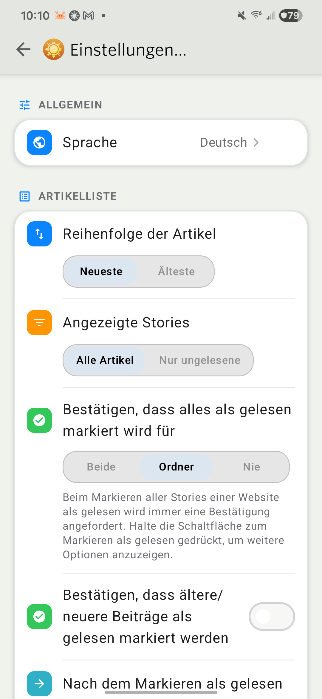 NewsBlur Settings on a Galaxy phone in German, with Sprache set to Deutsch