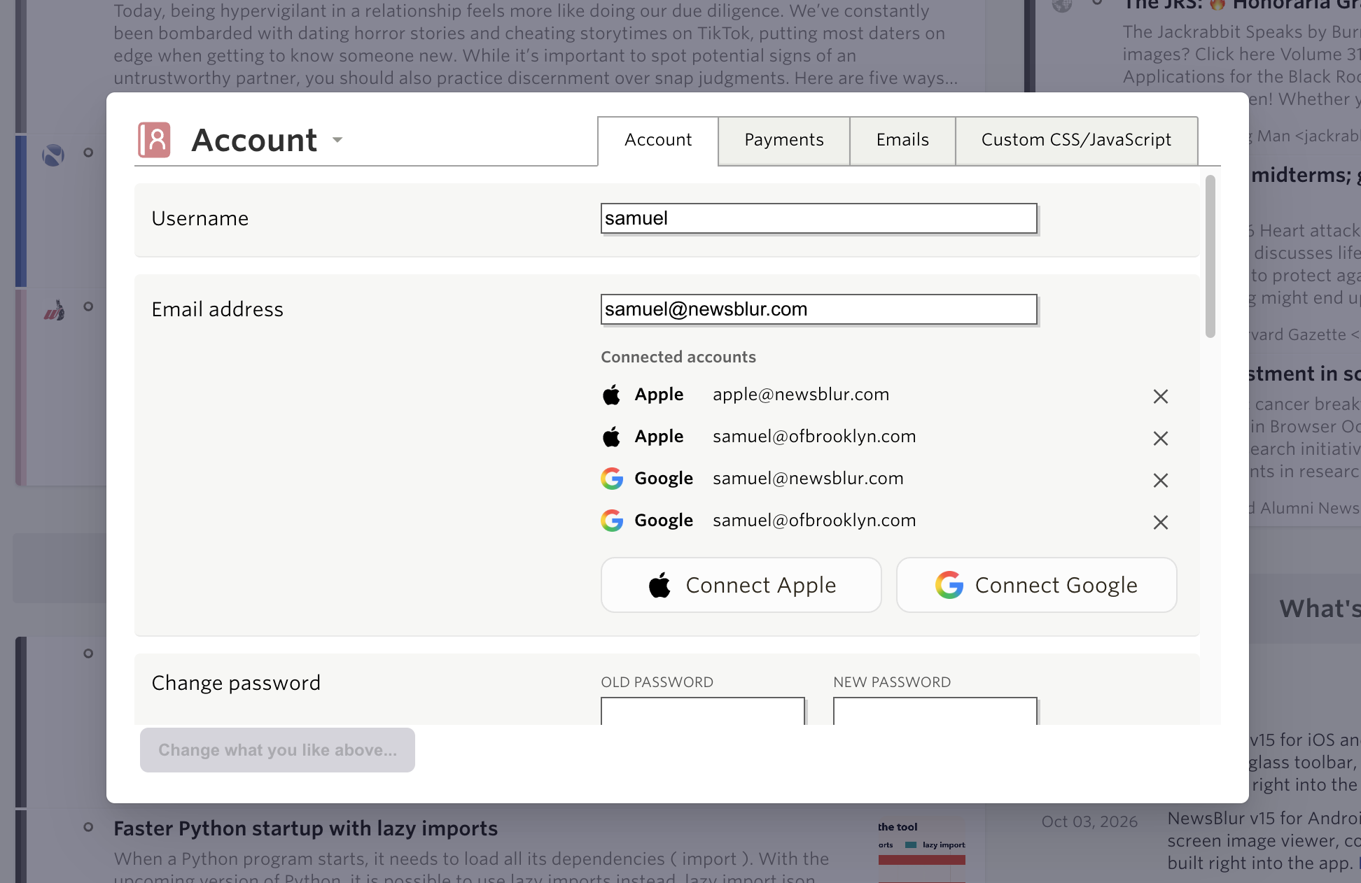 NewsBlur Account settings listing connected Apple and Google email addresses, connection buttons, and disconnect controls