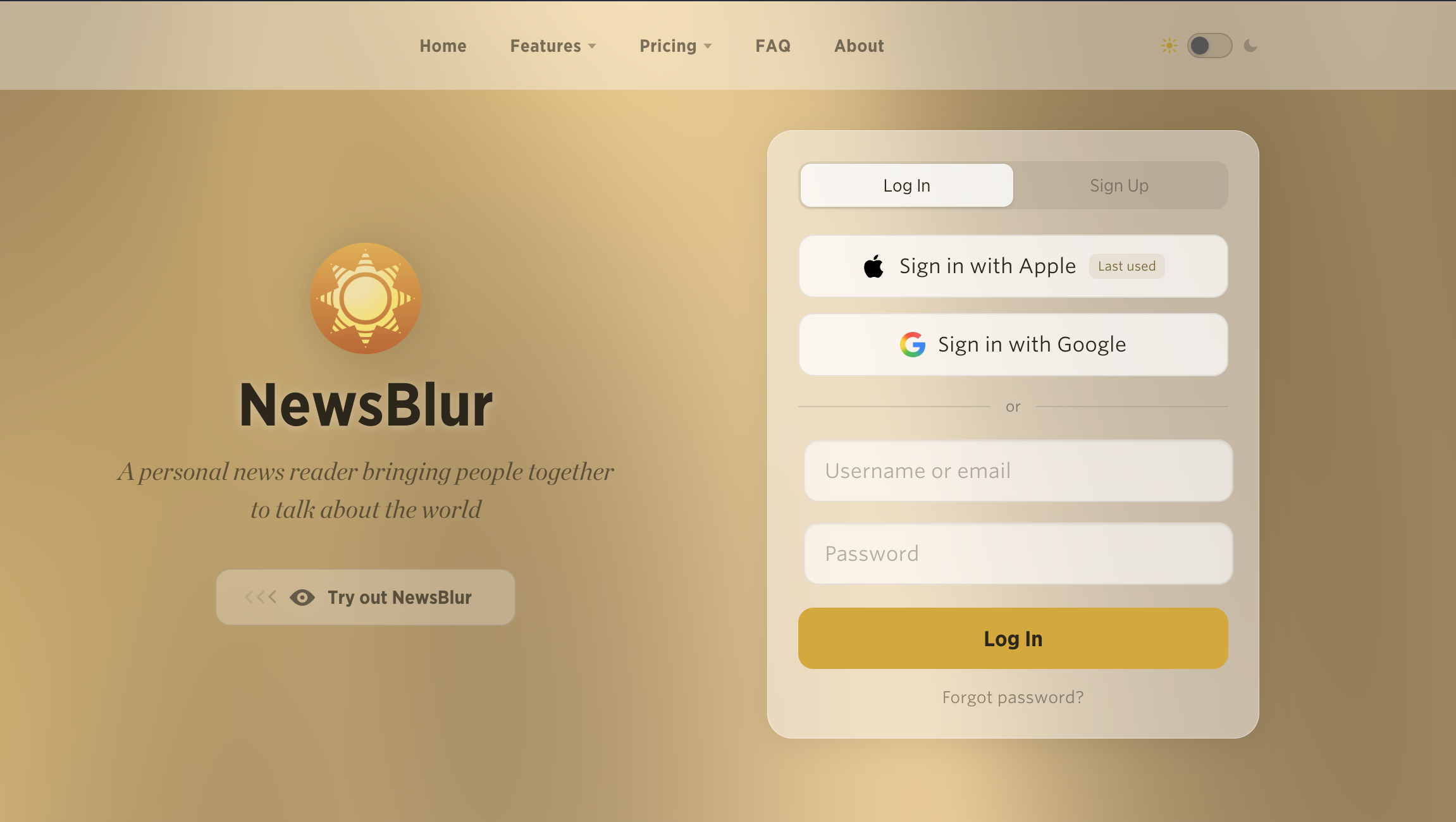 NewsBlur's welcome page with Sign in with Apple and Sign in with Google above the password form