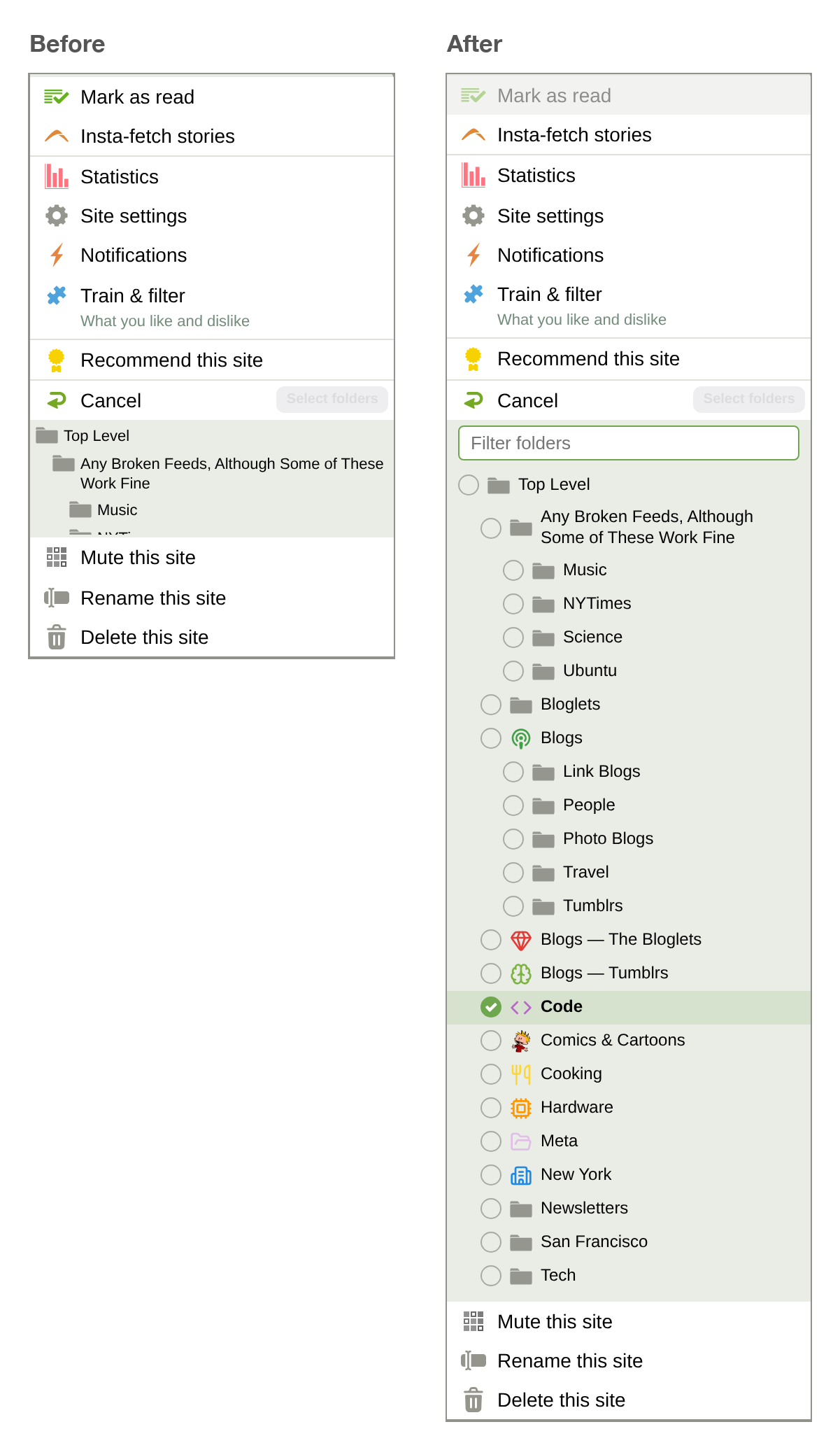 Before: the Change folders menu with a folder list about four rows tall and plain gray folder icons. After: the same menu showing every folder with its custom icon and the site's current folder checked.