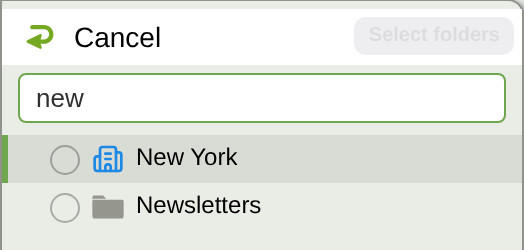The folder picker with new typed in the filter box, narrowed to New York and Newsletters