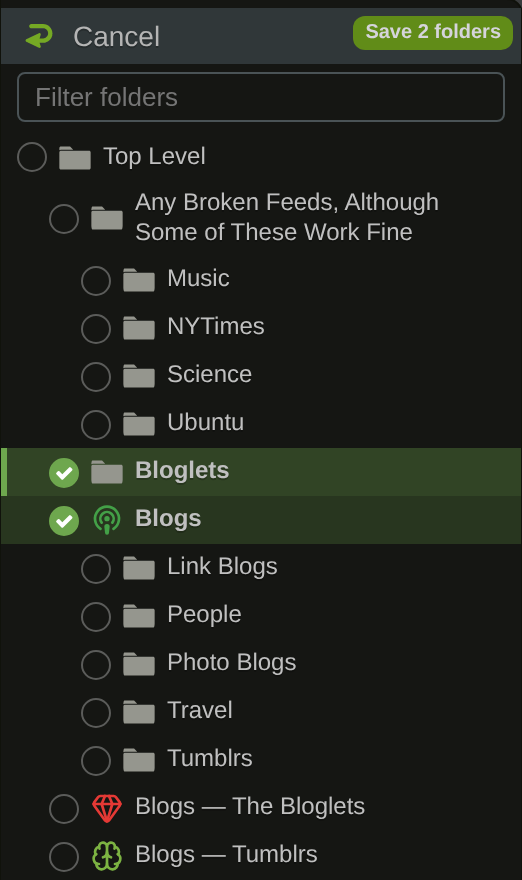 The folder picker in dark mode with Bloglets and Blogs both checked and a Save 2 folders button