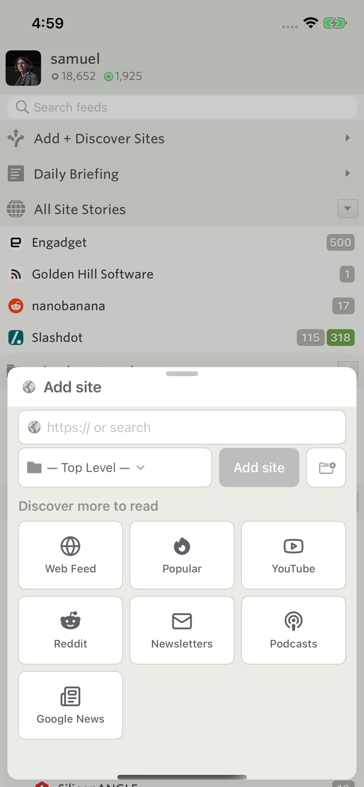 The iPhone Add Site sheet with an address field and discovery source shortcuts
