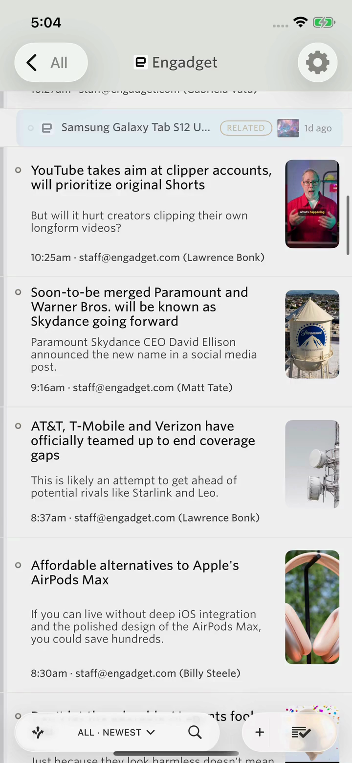 iPhone story list with the floating glass toolbar at the bottom