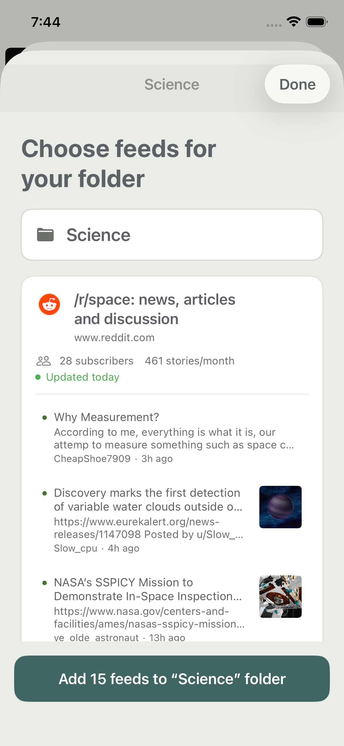 The Science bundle on iOS showing a folder name, feed details, and recent story previews