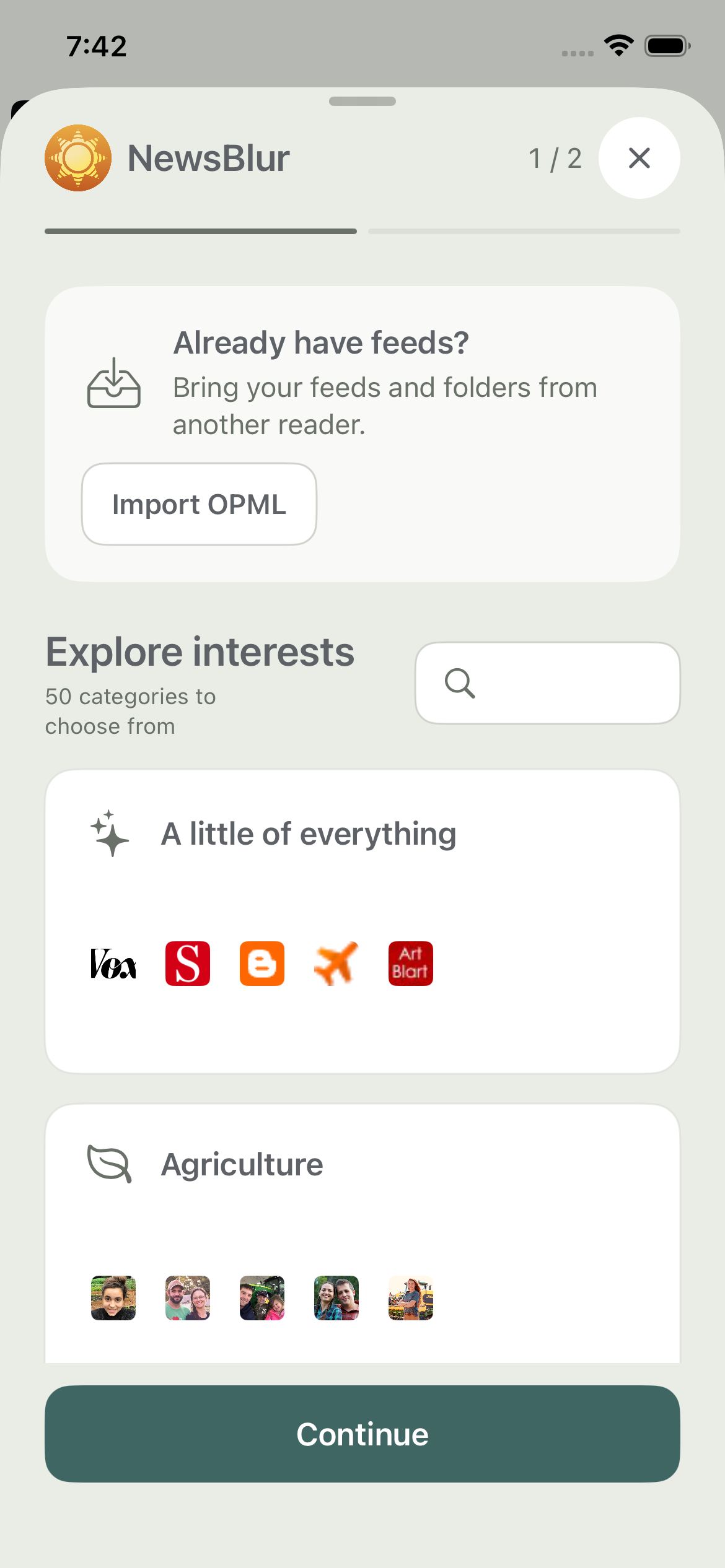 The iOS first-time setup screen with OPML import and interest-based feed bundles