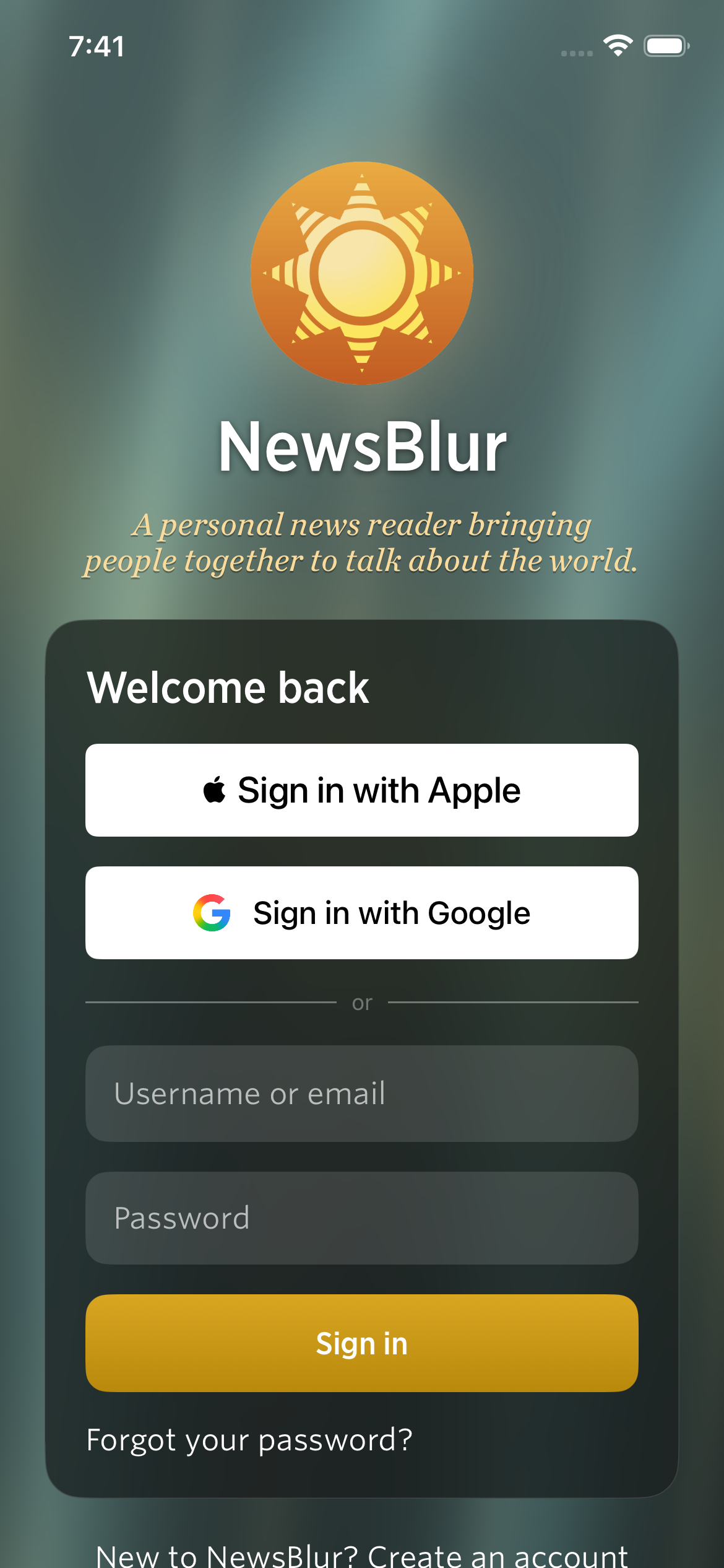 NewsBlur on iPhone with Apple, Google, and password sign-in