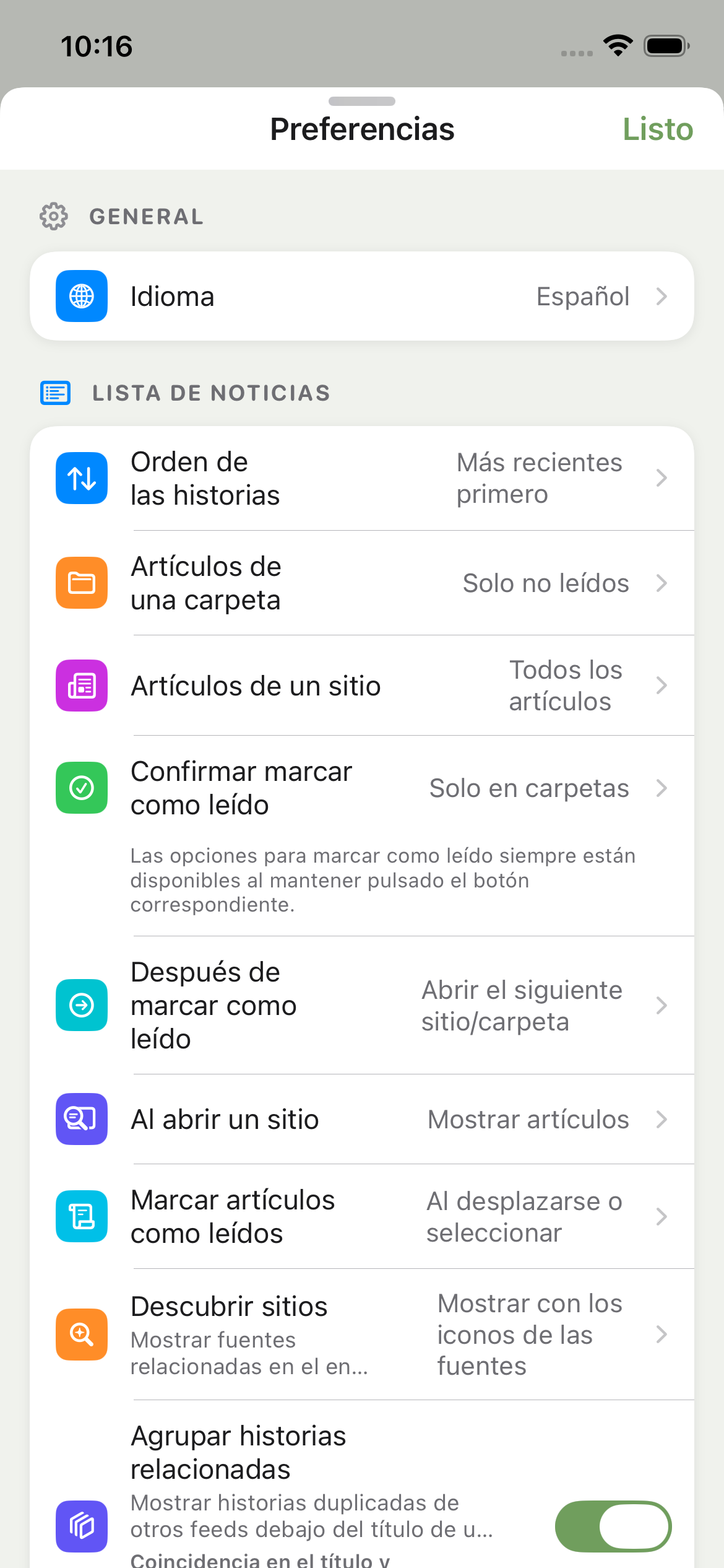 NewsBlur Preferences on iPhone in Spanish, with Idioma set to Español