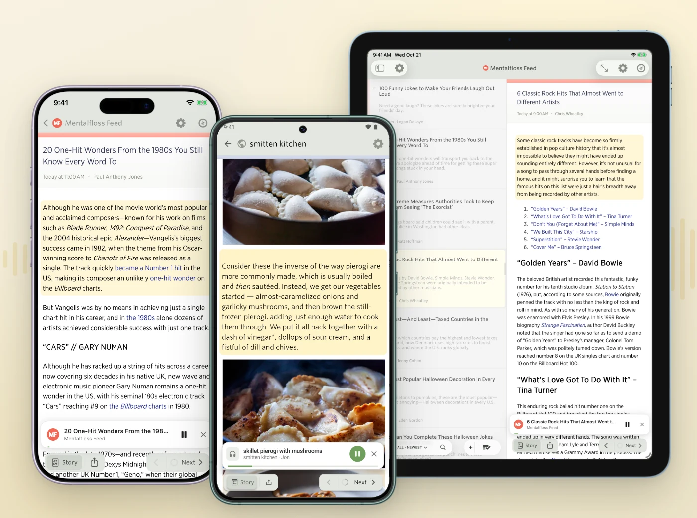 Paragraphs highlighted as they're read on an iPad, an iPhone, and an Android phone