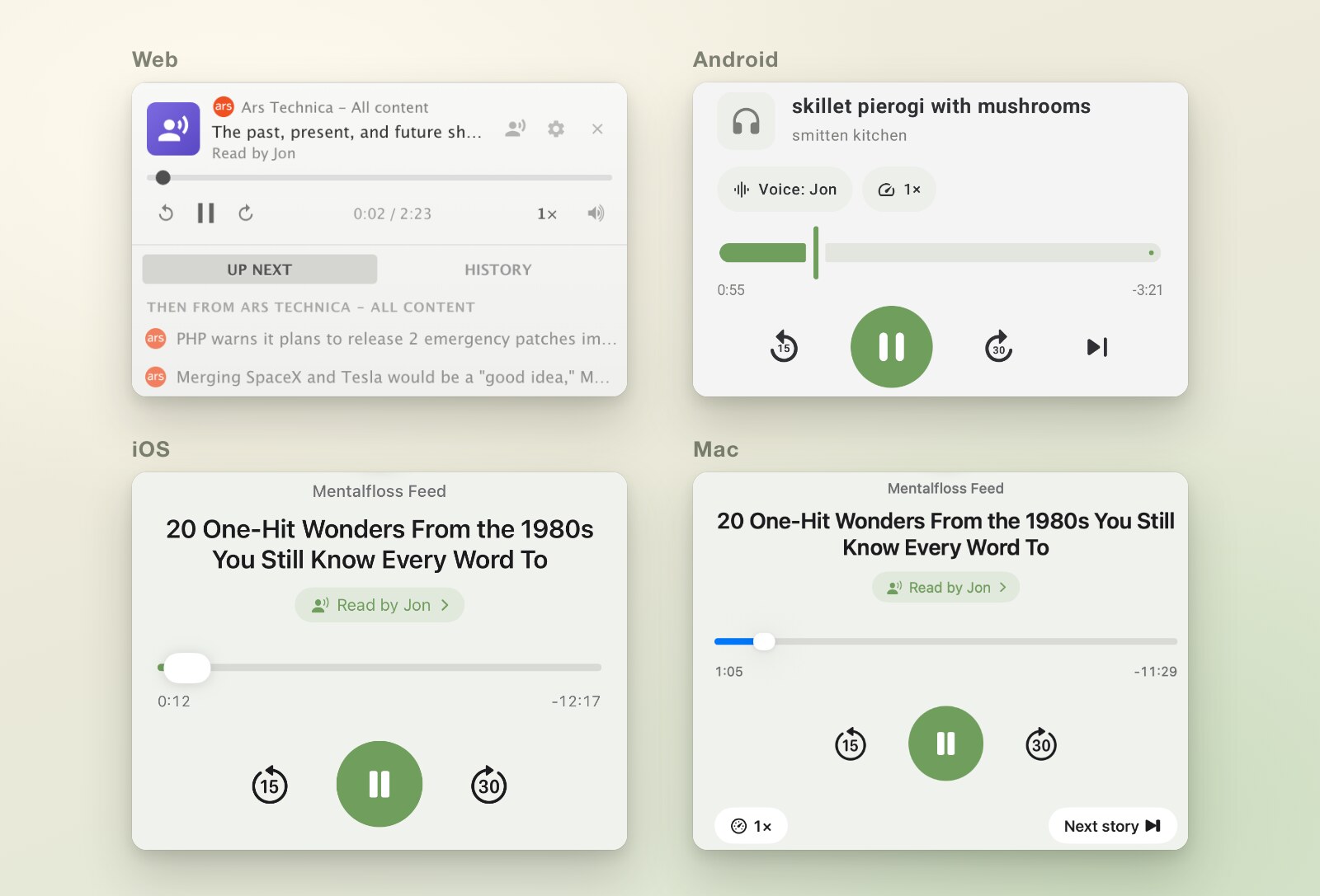 Listen playing on the web, Android, iOS, and Mac, each showing the story's title, its voice, the scrubber, and the play controls