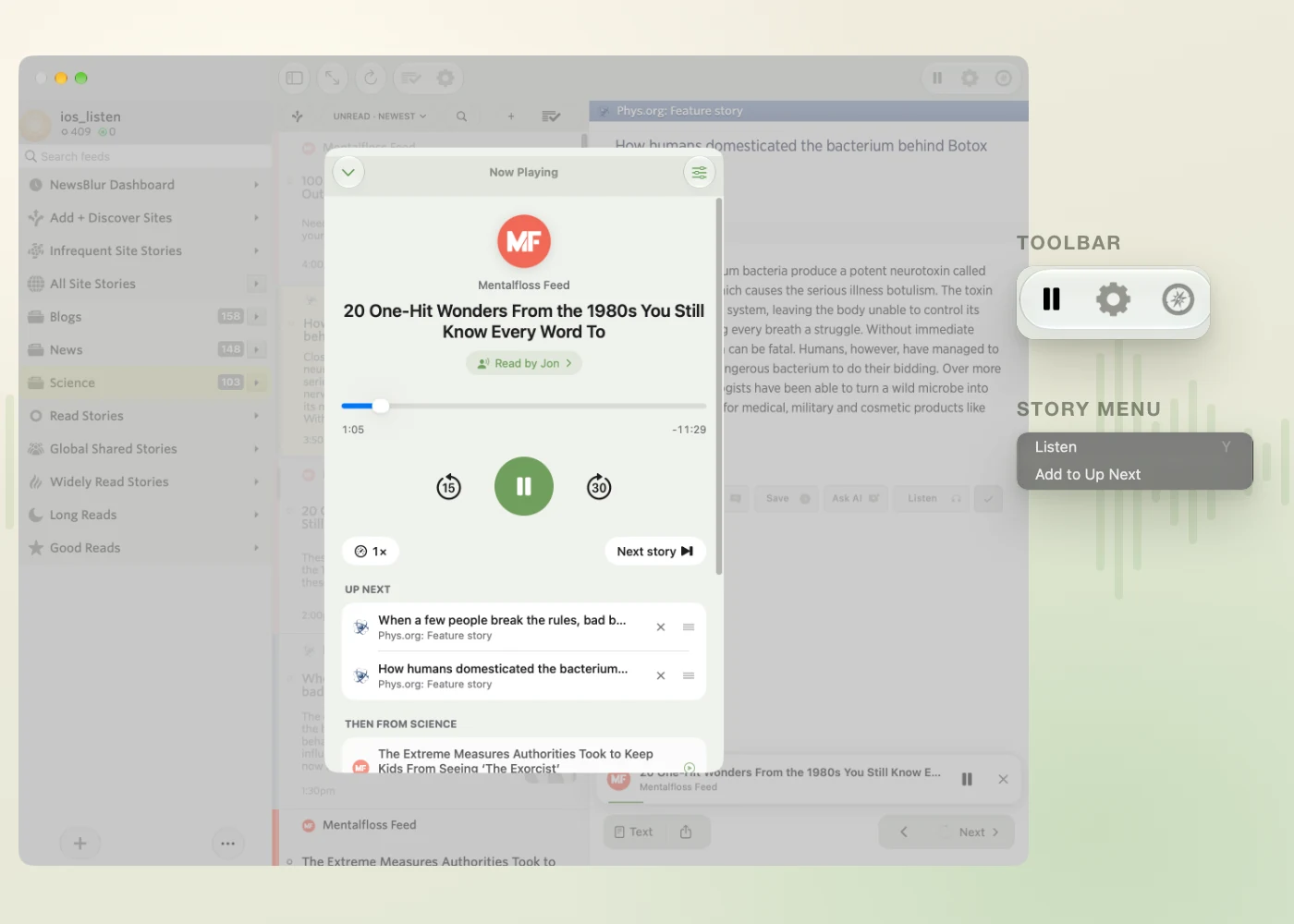 Now Playing in the NewsBlur Mac app, with Listen and Add to Up Next in the Story menu