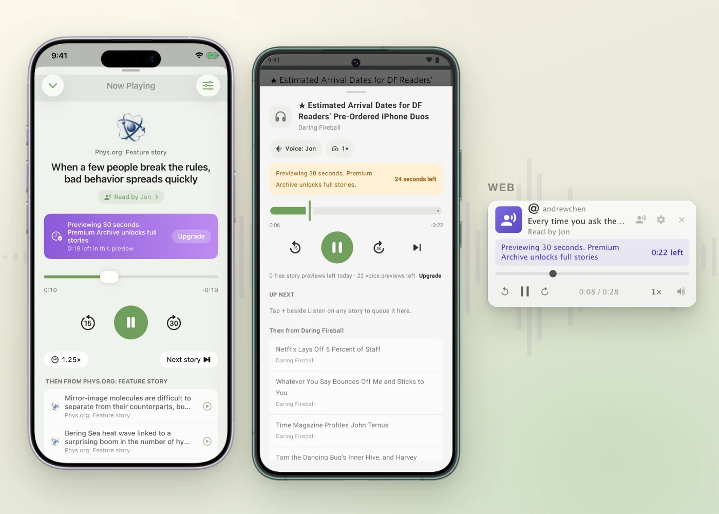 The 30 second preview banner on iPhone, Android, and the web