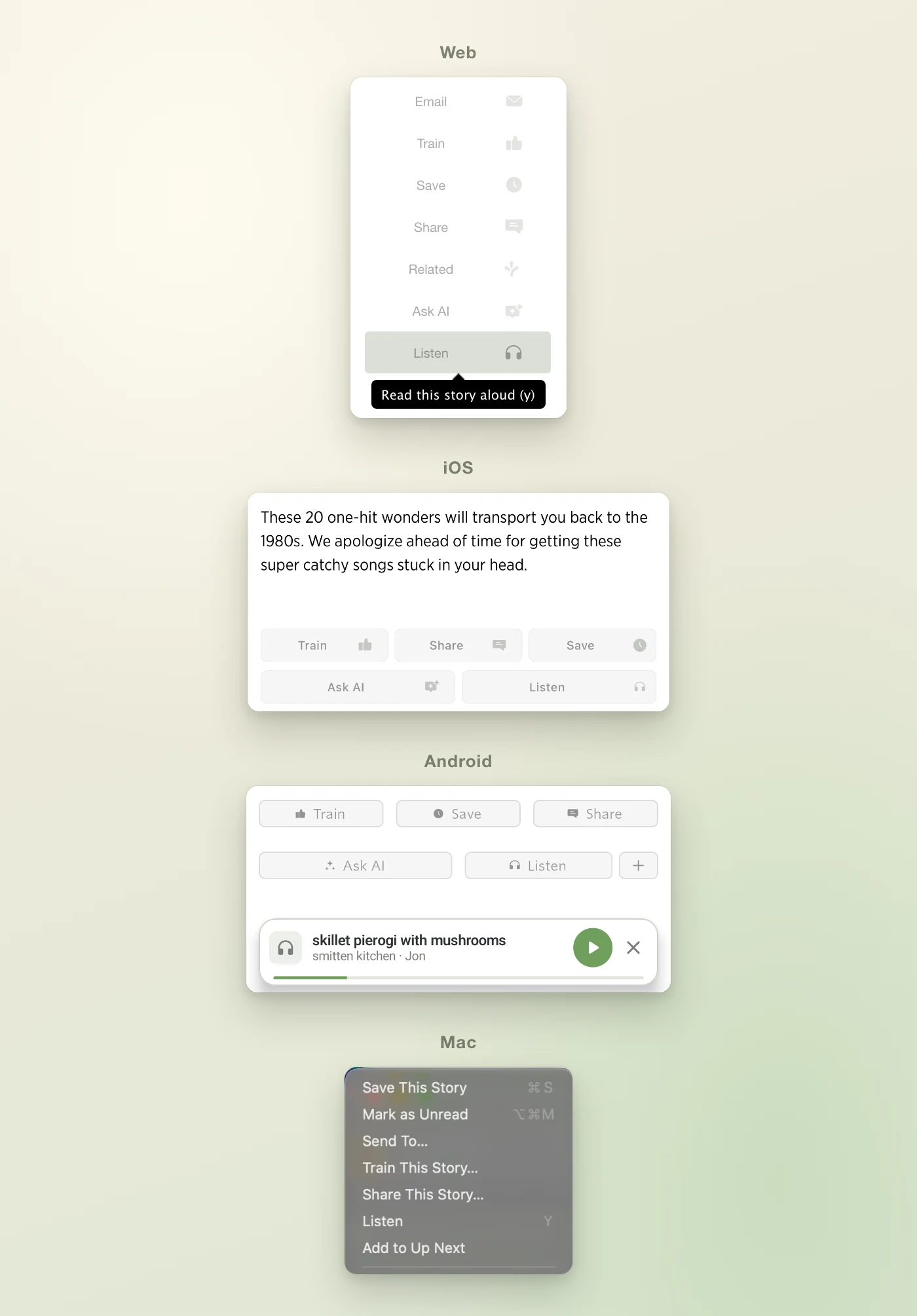 Where Listen lives on each platform: the web's story side options with the Read this story aloud (y) tooltip, the story buttons at the end of a story on iOS and Android, and Listen in the Mac app's Story menu