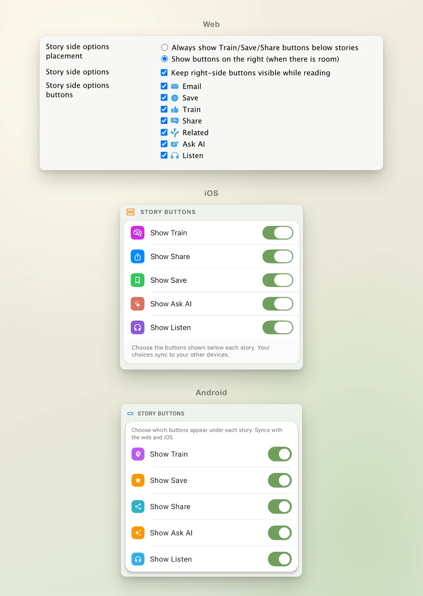 The story button choices in Preferences on the web, iOS, and Android, with Listen turned on beside Train, Save, Share, and Ask AI