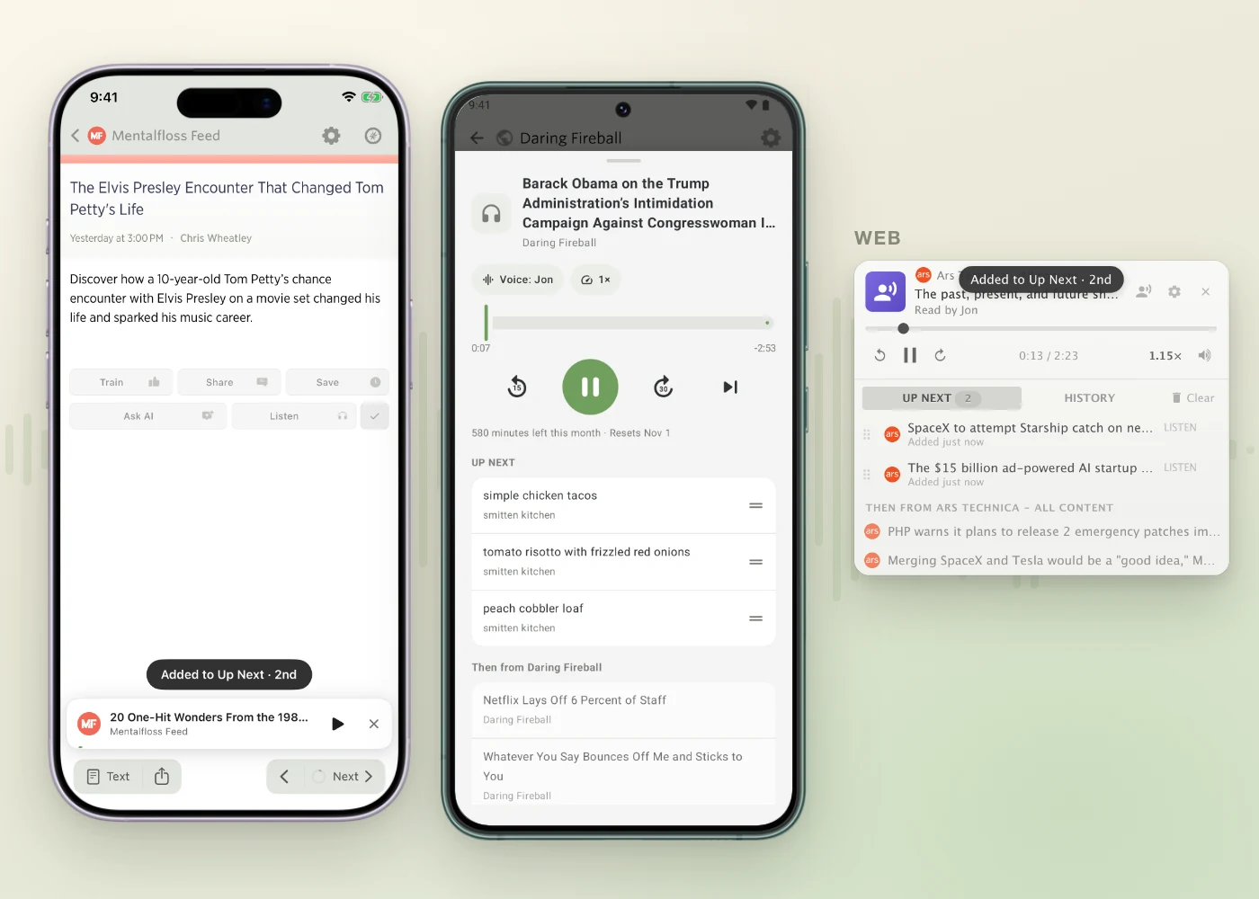 Adding stories to Up Next on iPhone and the web, and the Up Next list in Now Playing on Android