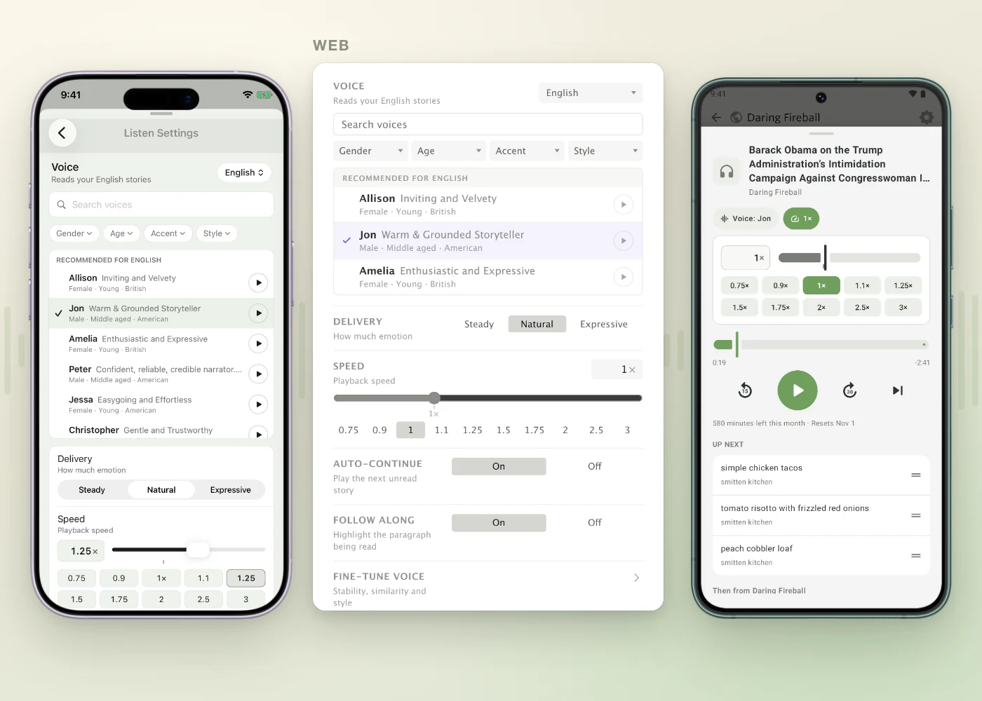 The voice picker on iPhone and the web, and the speed control on Android