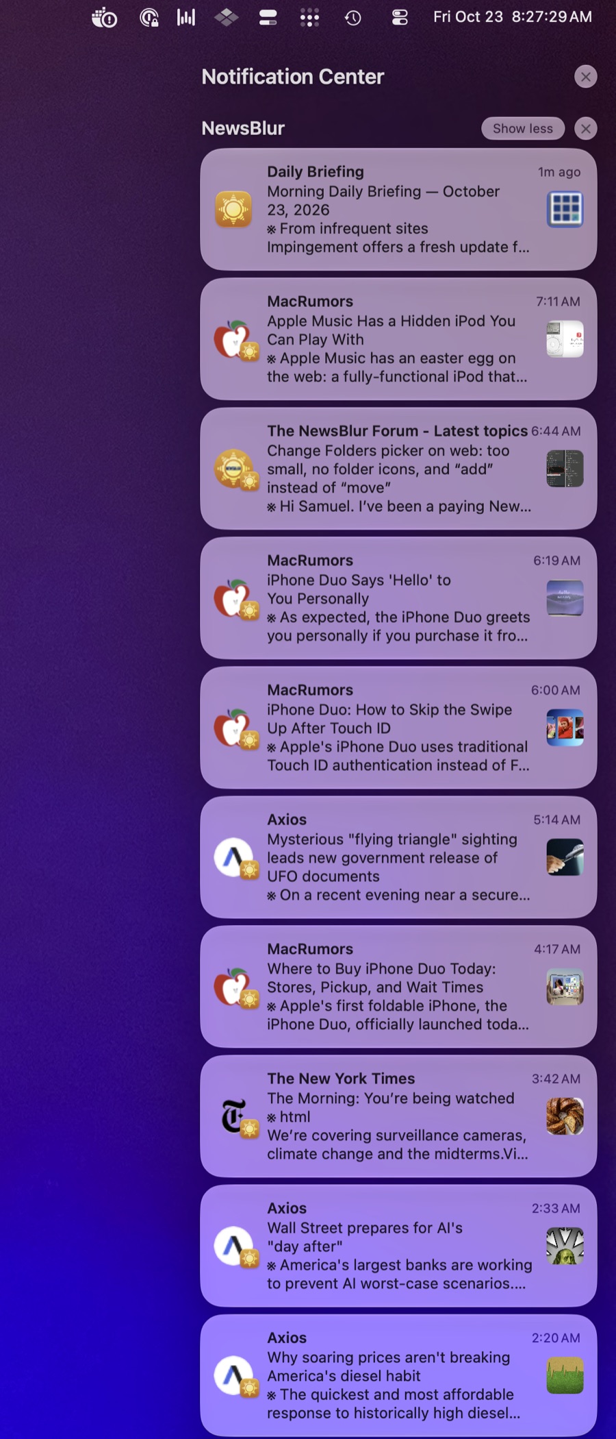 A stack of NewsBlur story notifications in Mac Notification Center from the Daily Briefing, MacRumors, Axios, and The New York Times