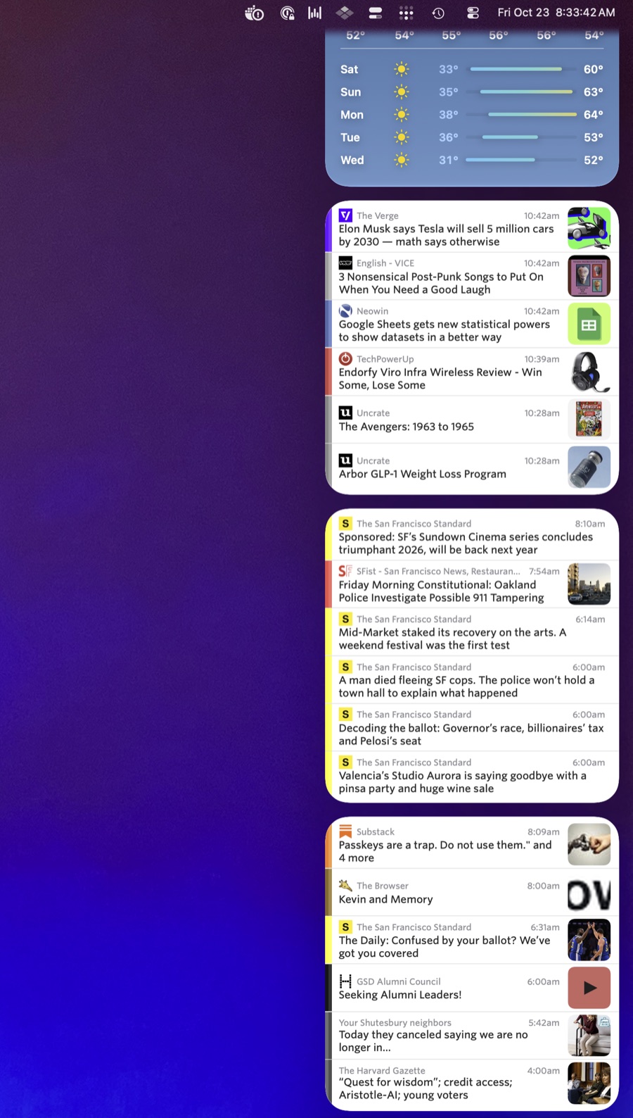 Mac Notification Center with a Weather widget above three NewsBlur widgets showing tech news, San Francisco news, and newsletters
