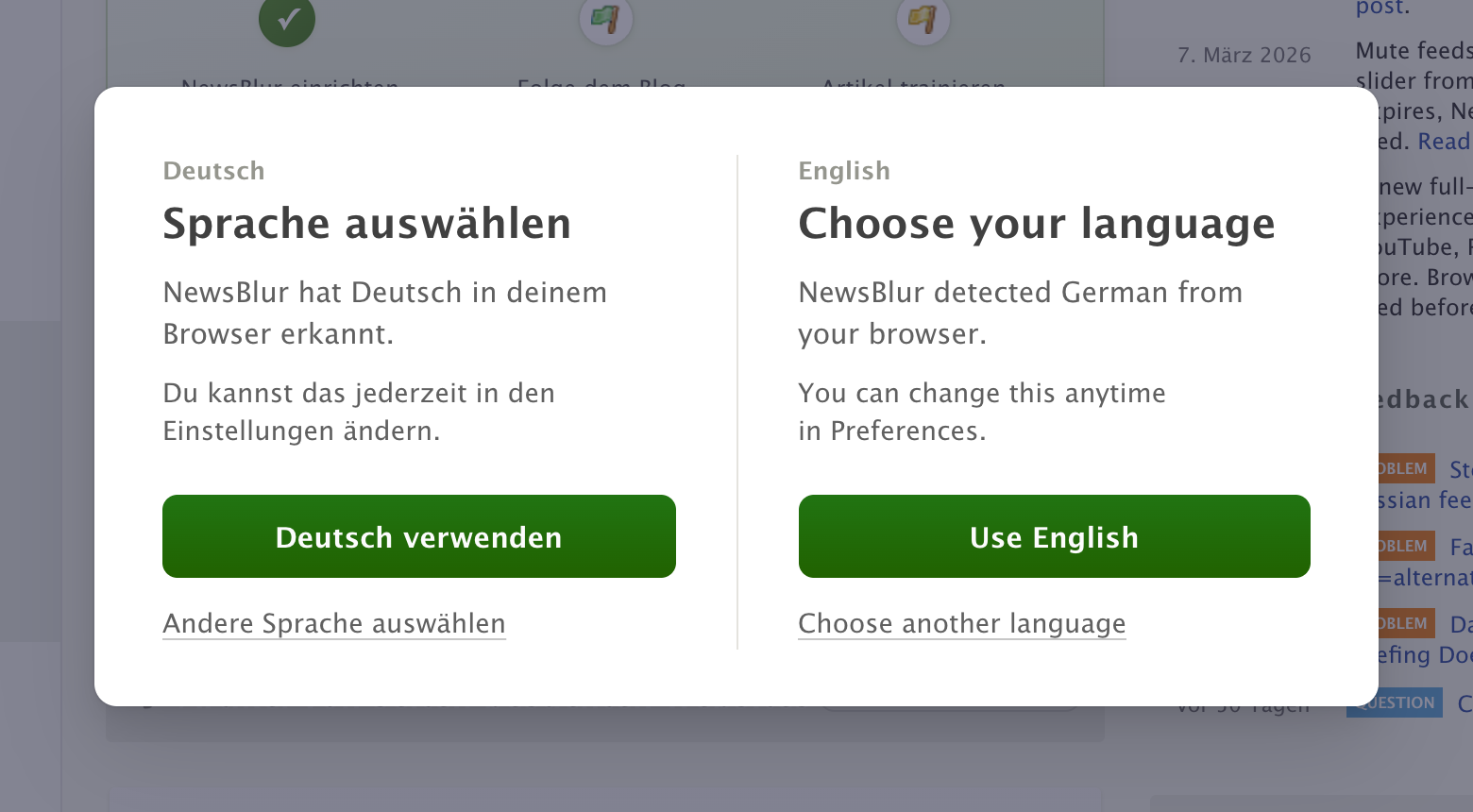 NewsBlur's language dialog with the same message in German and English side by side, and buttons to use German or English